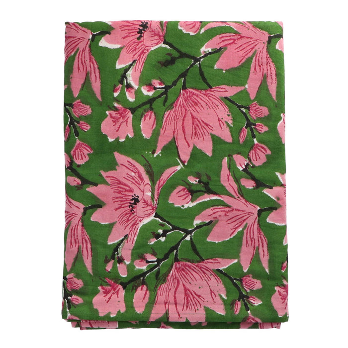 Tafelkleed handgeprint groen roze bloem 250x150cm - Tafelkleden - Les Ottomans