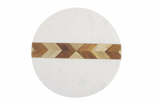 Serving tray round white marble with wood mosaic 24cm Be Home - FOODIES IN HEELS