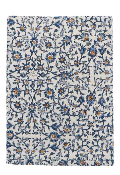 Tafelkleed handgeprint katoen blauw beige motief 250x150cm - Tafelkleden - Les Ottomans