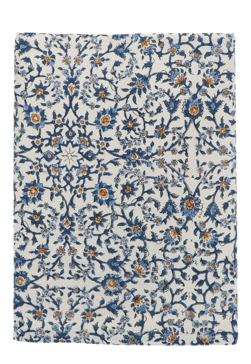 Tafelkleed handgeprint katoen blauw beige motief 250x150cm - Tafelkleden - Les Ottomans