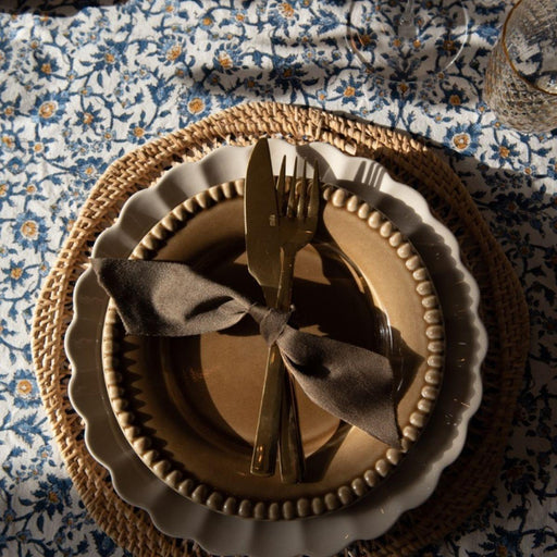 Tafelkleed handgeprint katoen blauw beige motief 250x150cm - Tafelkleden - Les Ottomans