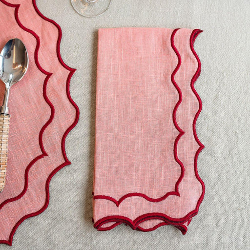 Serviette Marine bestickt lachsrosa mit rot 45x45cm - Servietten - Mariaida Home