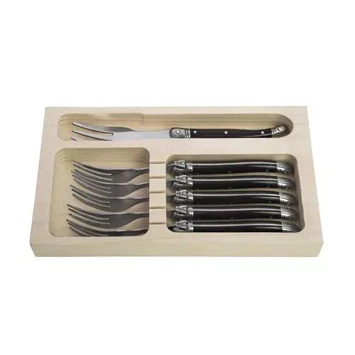 Premium Line cake forks black in wooden tray (set of 6) Laguiole Style de Vie - FOODIES IN HEELS