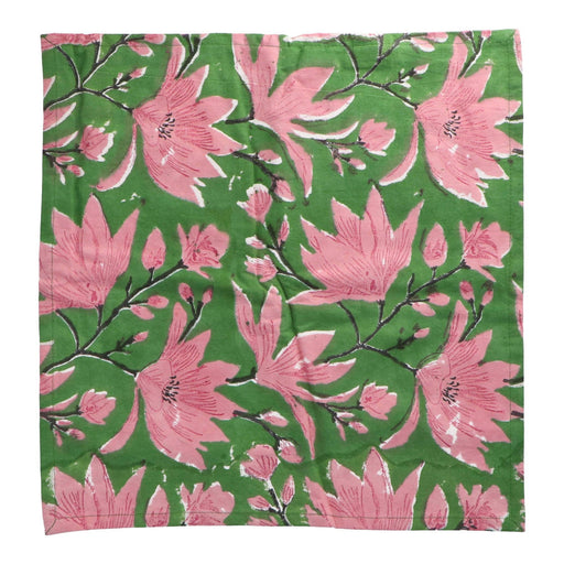 Napkins hand printed cotton green pink flower motif 40x40cm (set of 4) Les Ottomans - -. FOODIES IN HEELS