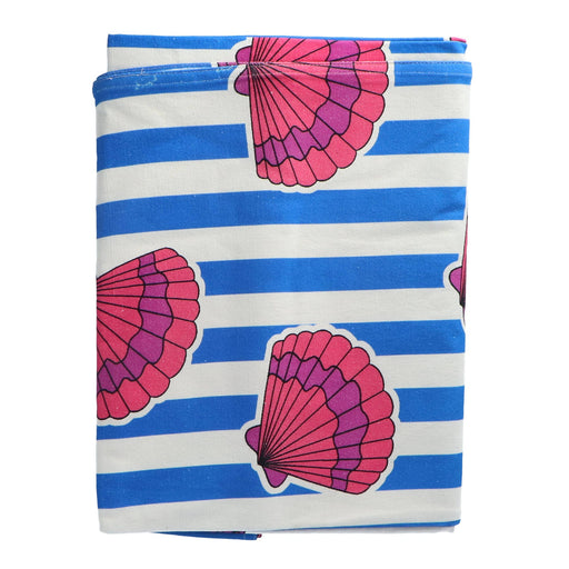 Tablecloth handprinted blue white striped with rose shell motif 250x150cm - Tablecloths - Les Ottomans