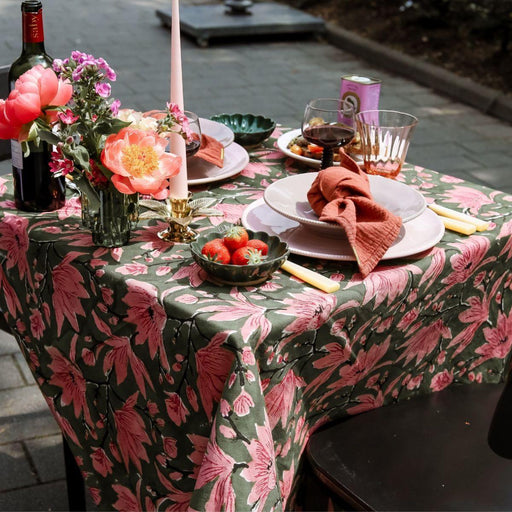 Tablecloth hand printed green pink flower 250x150cm Les Ottomans - -. FOODIES IN HEELS