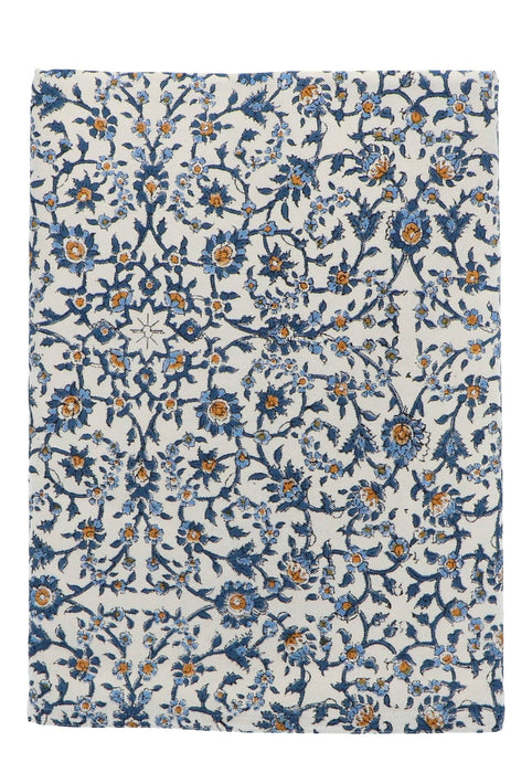 Tablecloth handprinted cotton blue beige motif 250x150cm Les Ottomans - FOODIES IN HEELS