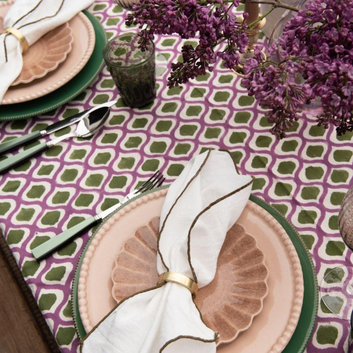 Tablecloth hand printed cotton brown purple pattern 250x150cm Les Ottomans - - FOODIES IN HEELS