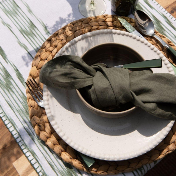 Table runner stitched edge Green Olive motif 235 150x48cm Teixits Vicens - FOODIES IN HEELS